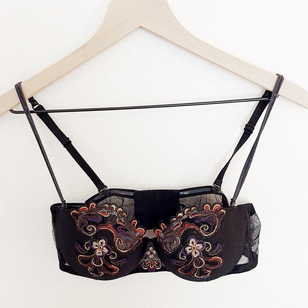 NEW La Perla 36B Black Bra and Panties Set with floral Embroidery